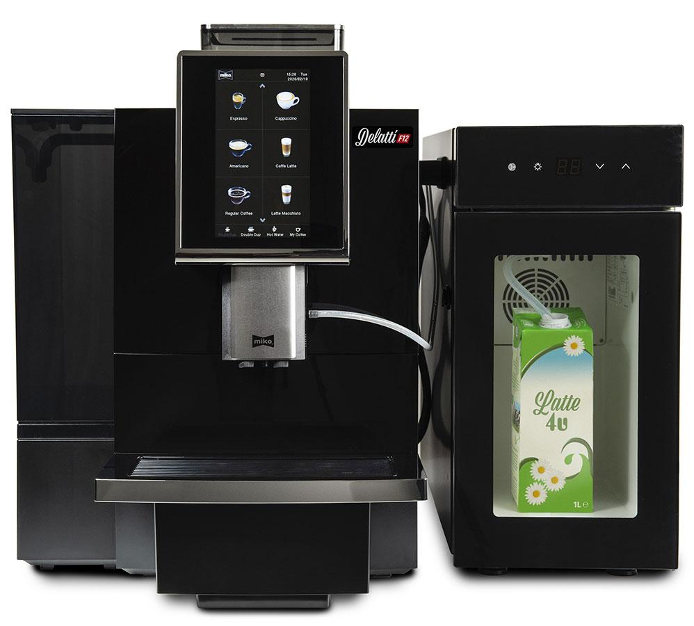 A black Miko Delatti F12 coffee machine with a touch screen offering various options including espresso, cappuccino, and latte, and a milk system with a carton of milk in it.