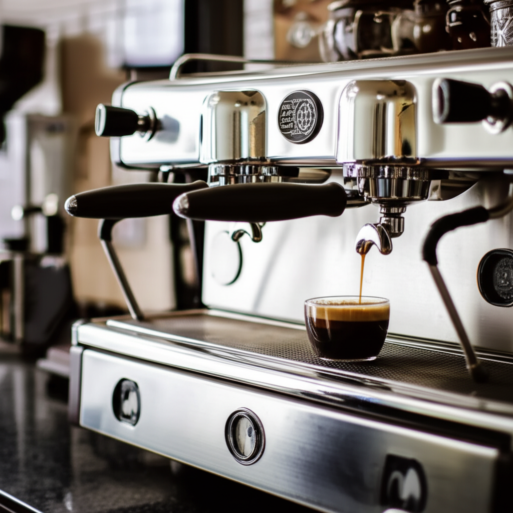A commercial espresso machine from coffee shop suppliers in South Africa, set up in a new, modern café.