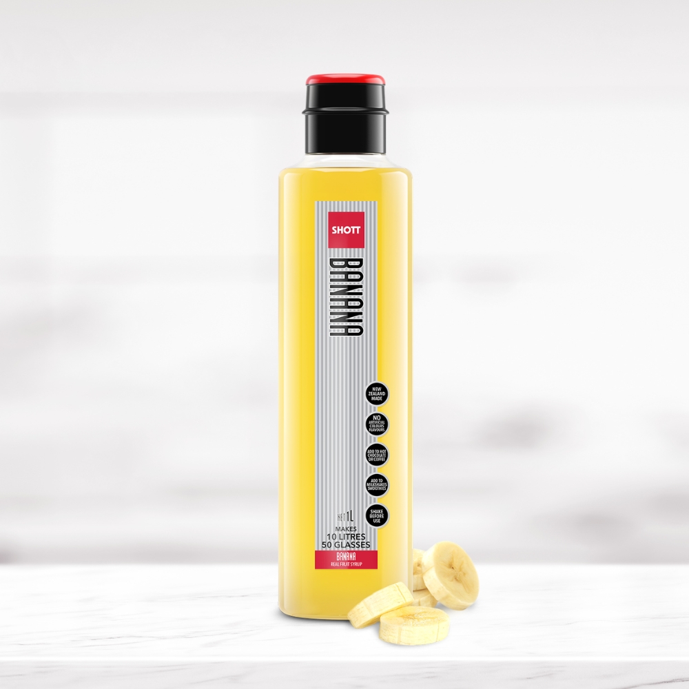 SHOTT Banana Syrup 1L bottle with fresh banana slices