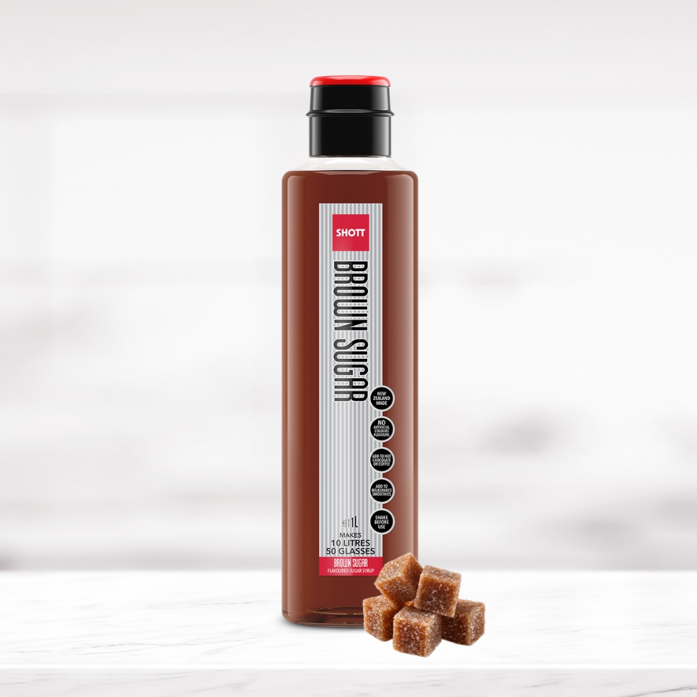 SHOTT Brown Sugar Flavoured Syrup 1L bottle with brown sugar cubes