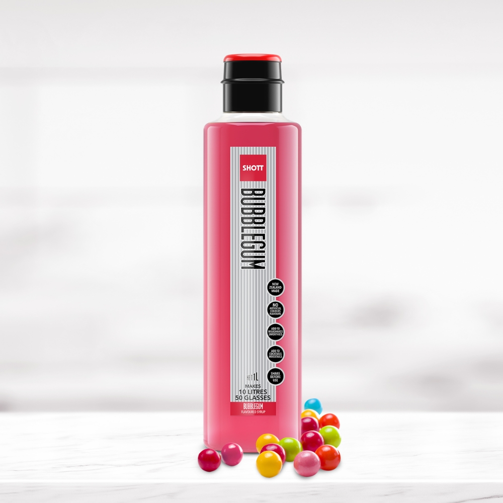 SHOTT Bubblegum Syrup 1L bottle with colourful bubblegum balls