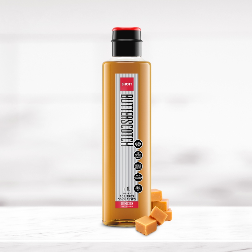 SHOTT Butterscotch Flavoured Syrup 1L bottle with butterscotch pieces