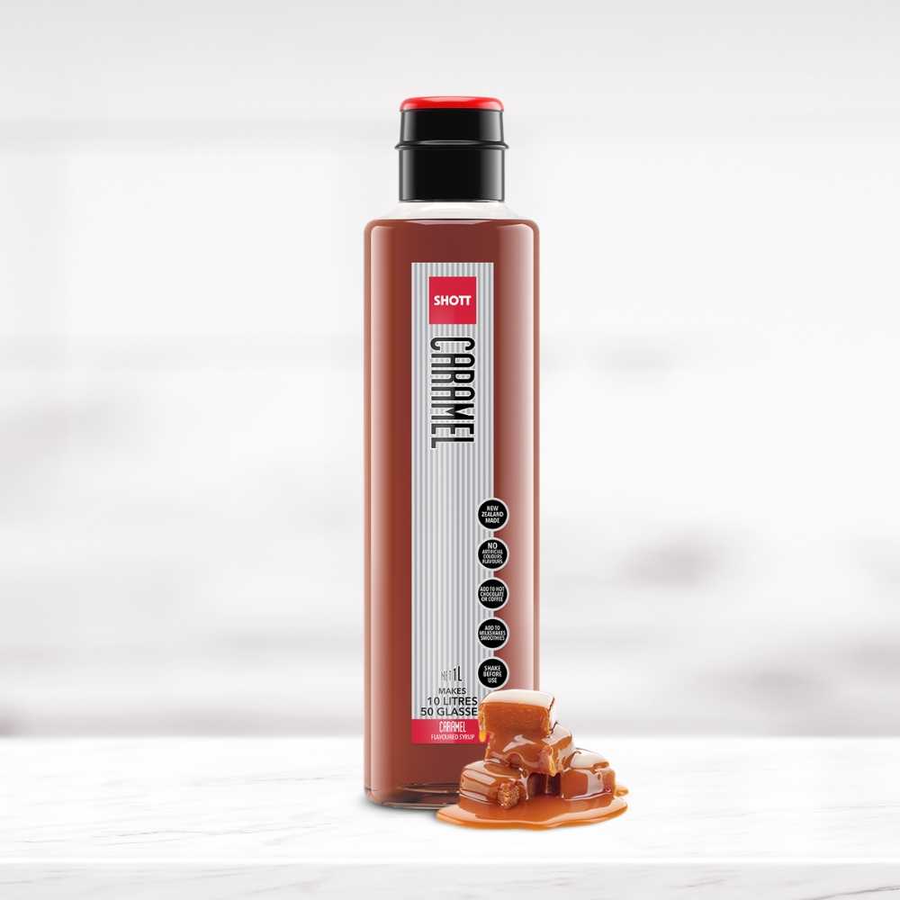 SHOTT Caramel Flavoured Syrup 1L bottle with caramel pieces