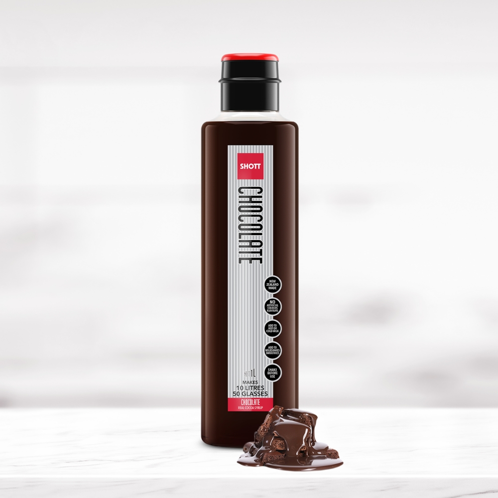 SHOTT Chocolate Syrup 1L bottle with rich chocolate pieces