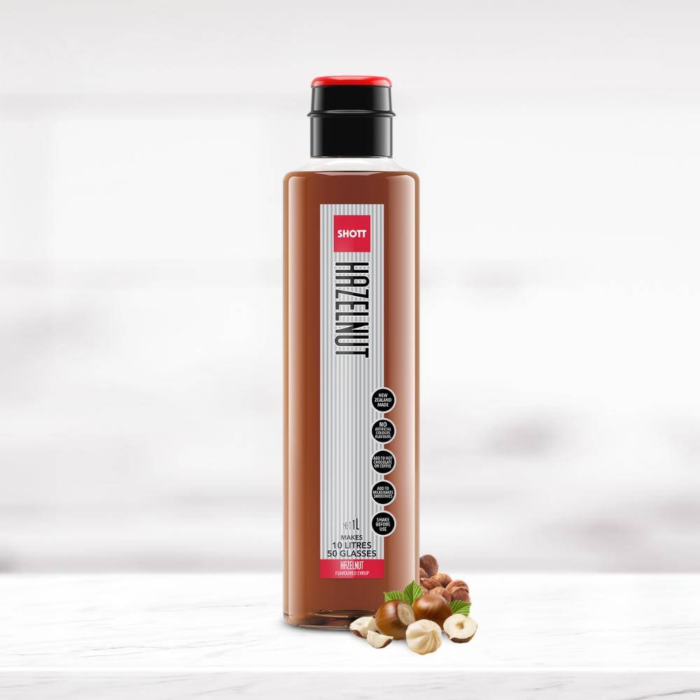 SHOTT Hazelnut Flavoured Syrup 1L bottle with hazelnuts