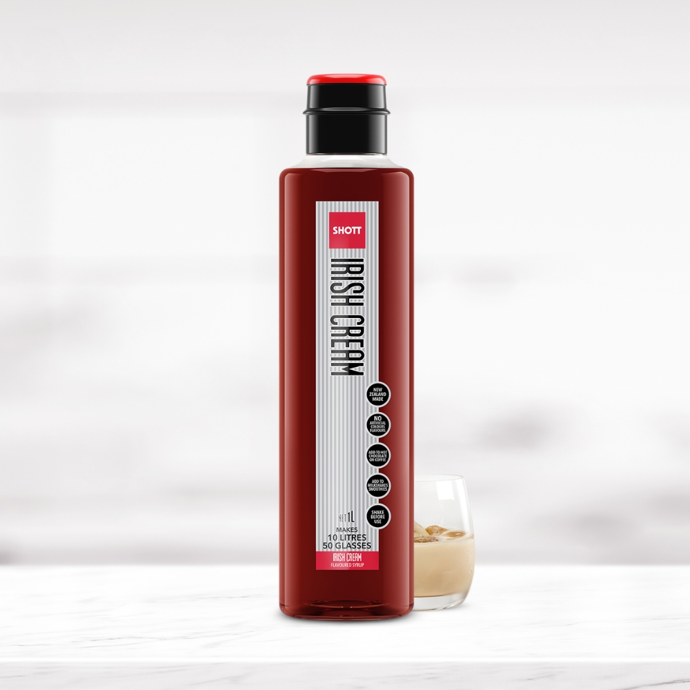 SHOTT Irish Cream Flavoured Syrup 1L bottle with an Irish cream drink