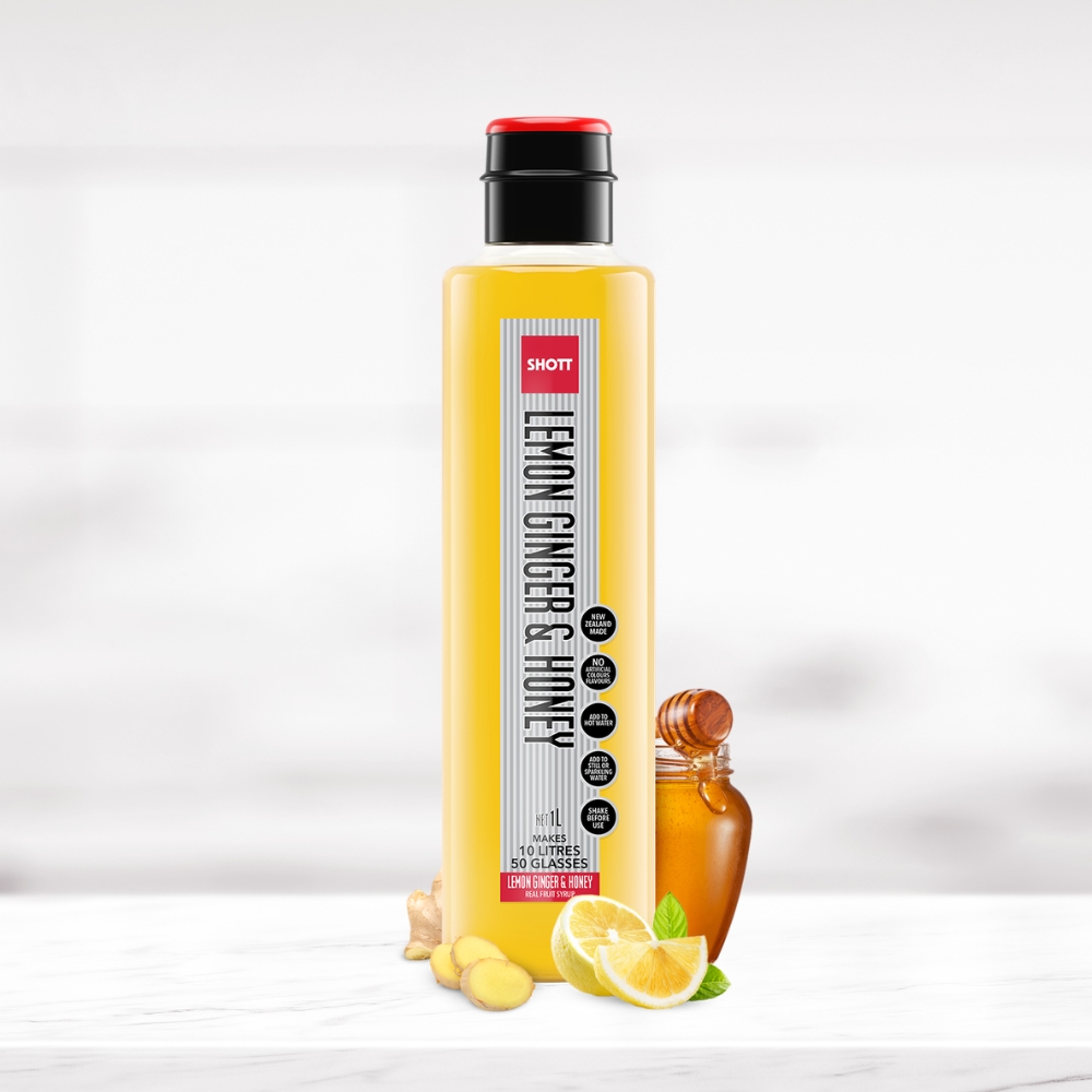 SHOTT Lemon Ginger & Honey Syrup 1L bottle with lemon, ginger and honey