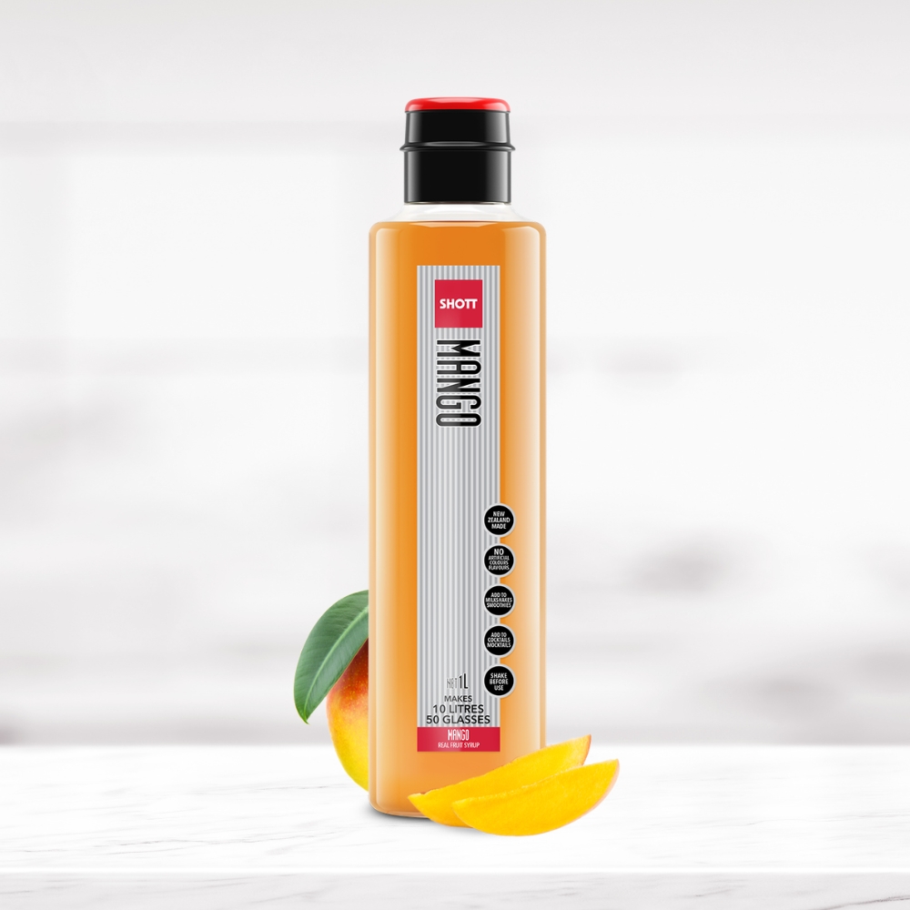 SHOTT Mango Syrup 1L bottle with fresh mango