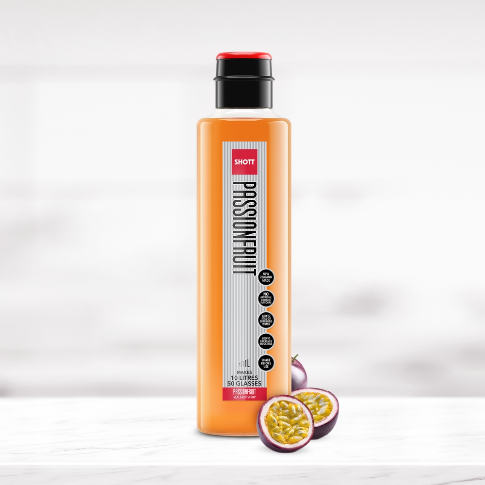 SHOTT Passionfruit Syrup 1L bottle with fresh passionfruit