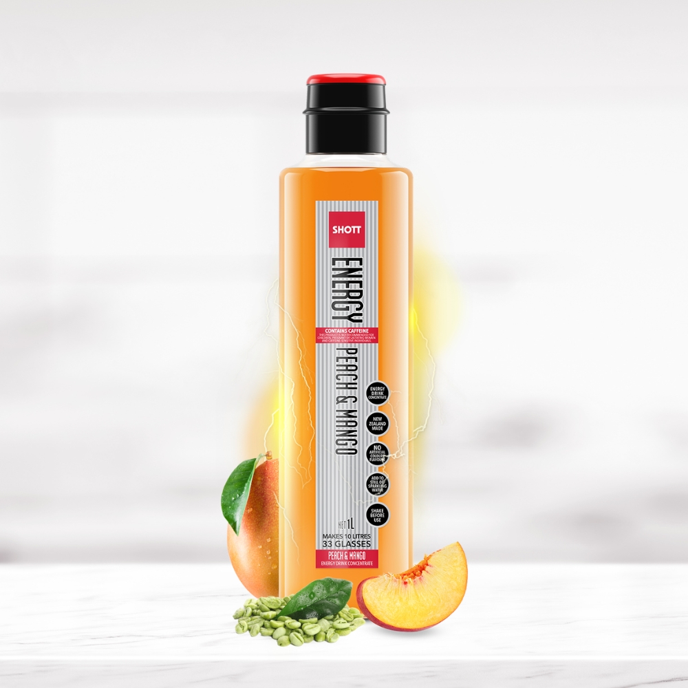 SHOTT Peach & Mango Energy Syrup 1L bottle with peach, mango and green coffee beans