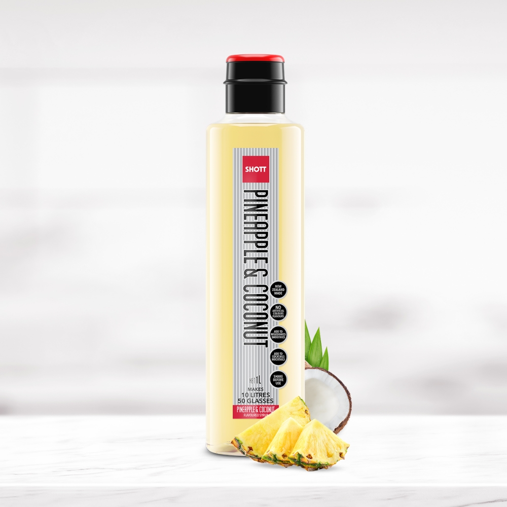 SHOTT Pineapple & Coconut Syrup 1L bottle with fresh pineapple and coconut