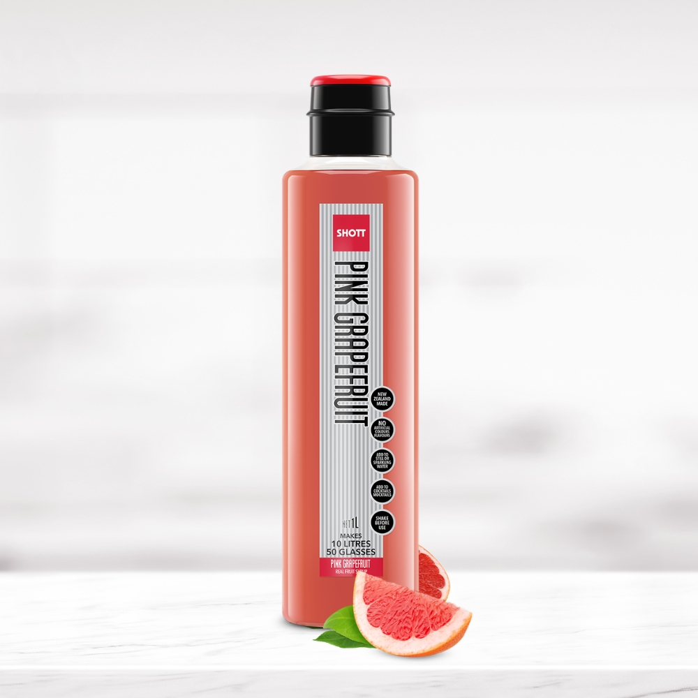 SHOTT Pink Grapefruit Syrup 1L bottle with fresh pink grapefruit