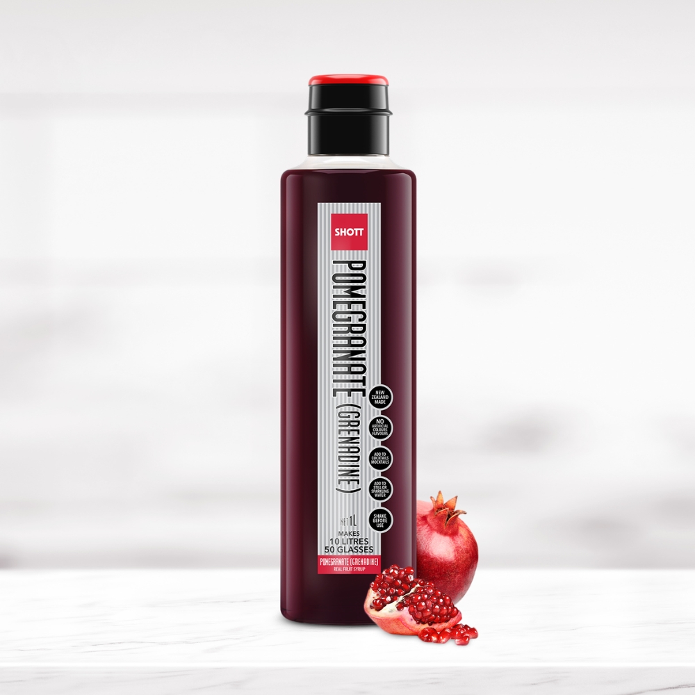 SHOTT Pomegranate Grenadine Syrup 1L bottle with fresh pomegranate
