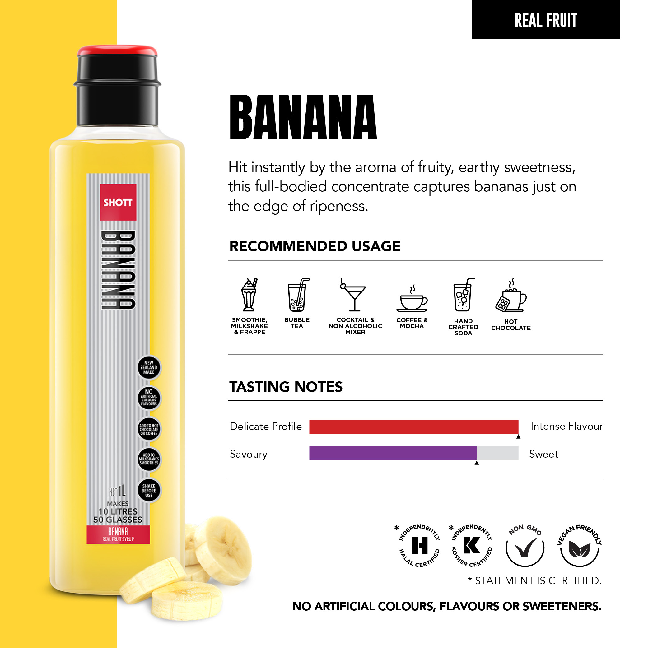 SHOTT Banana 1L real fruit syrup product information, recommended uses and tasting notes