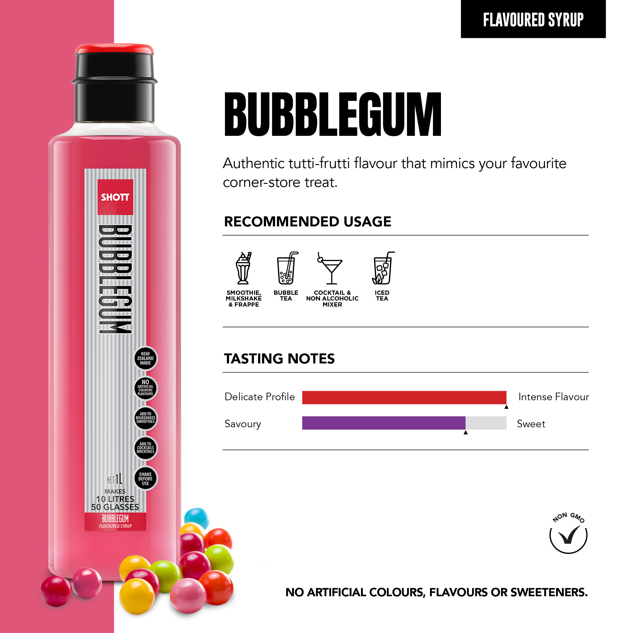 SHOTT Bubblegum 1L flavoured syrup product information, recommended uses and tasting notes
