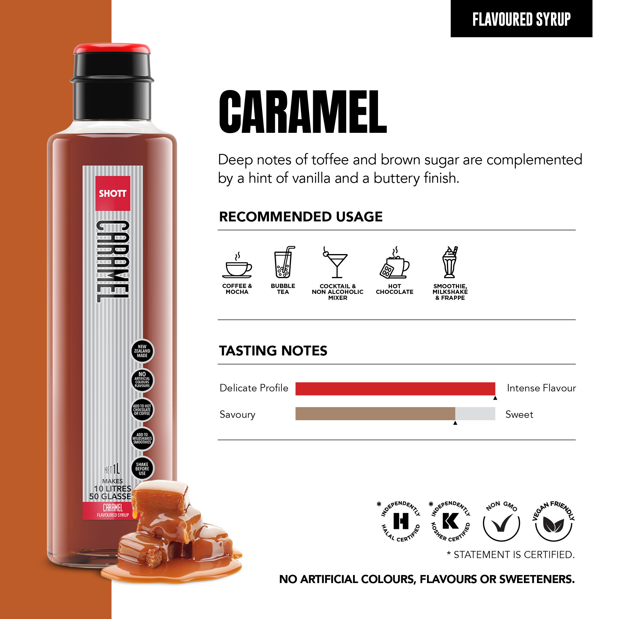 SHOTT Caramel Syrup 1L product information, recommended uses and tasting notes