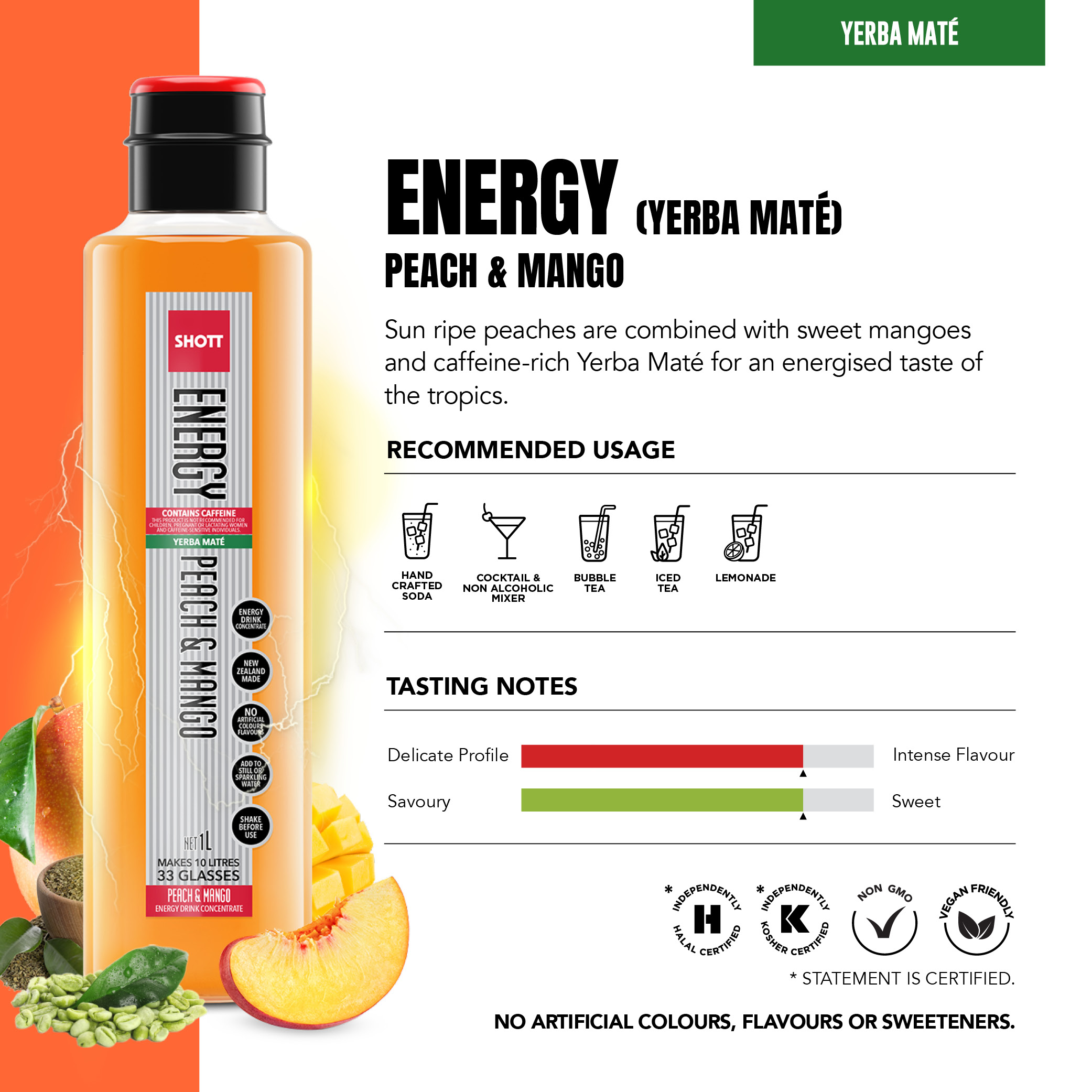 SHOTT Energy Peach & Mango Yerba Maté 1L caffeinated energy drink concentrate with recommended uses and tasting notes