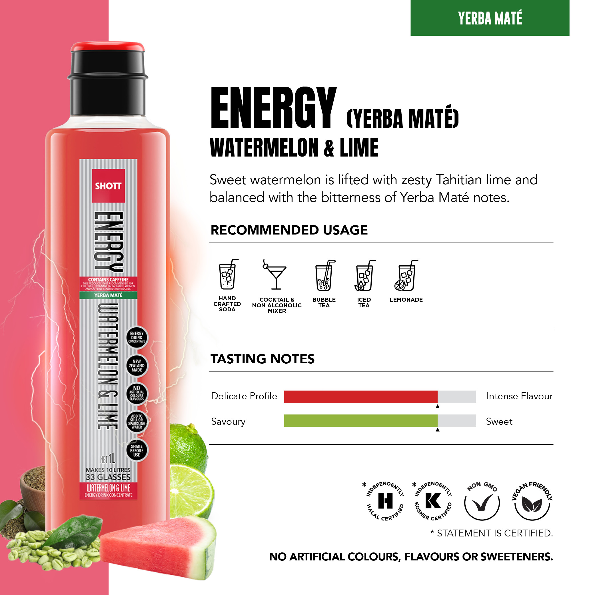 SHOTT Energy Watermelon & Lime Yerba Maté 1L caffeinated energy drink concentrate with recommended uses and tasting notes