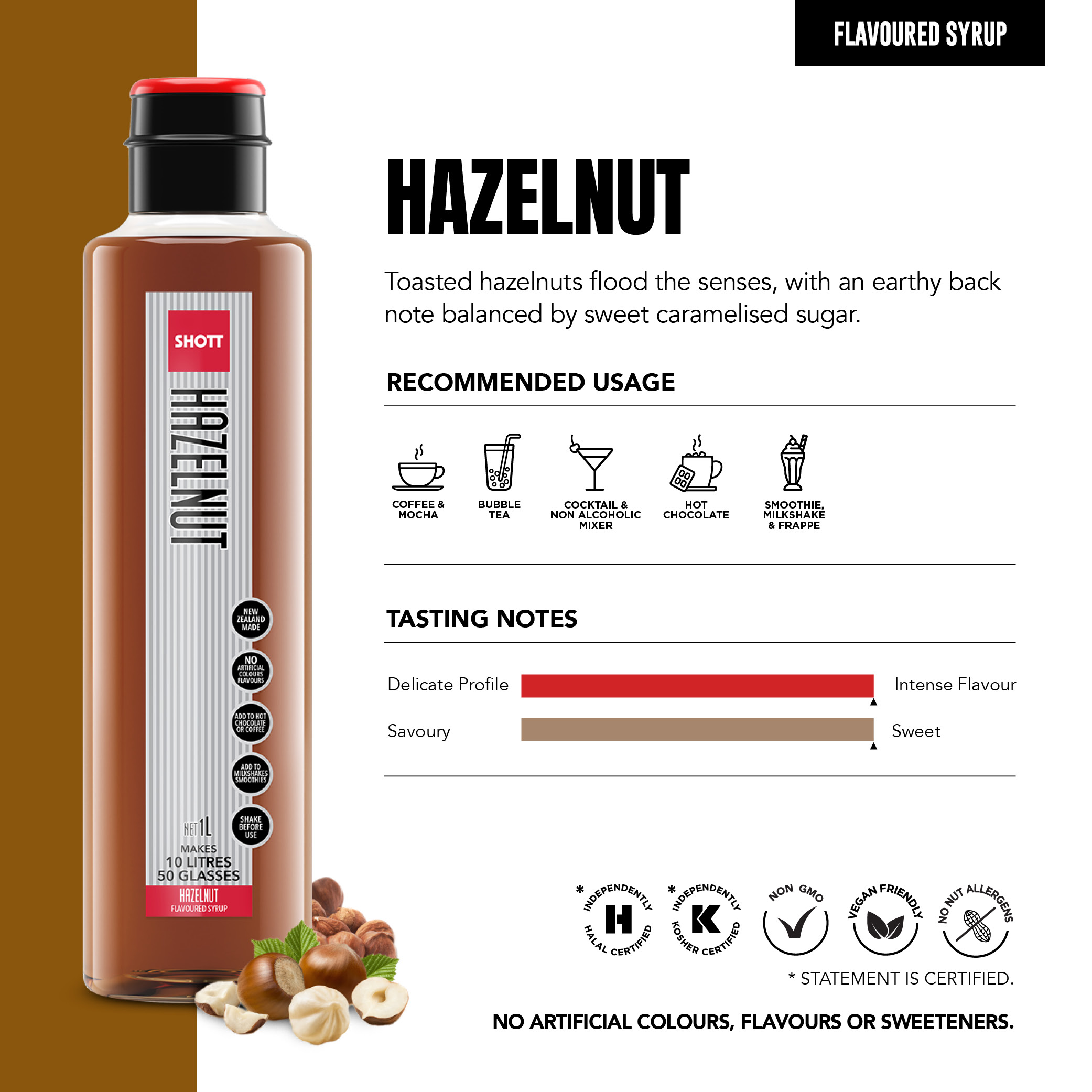 SHOTT Hazelnut Syrup 1L product information, recommended uses and tasting notes