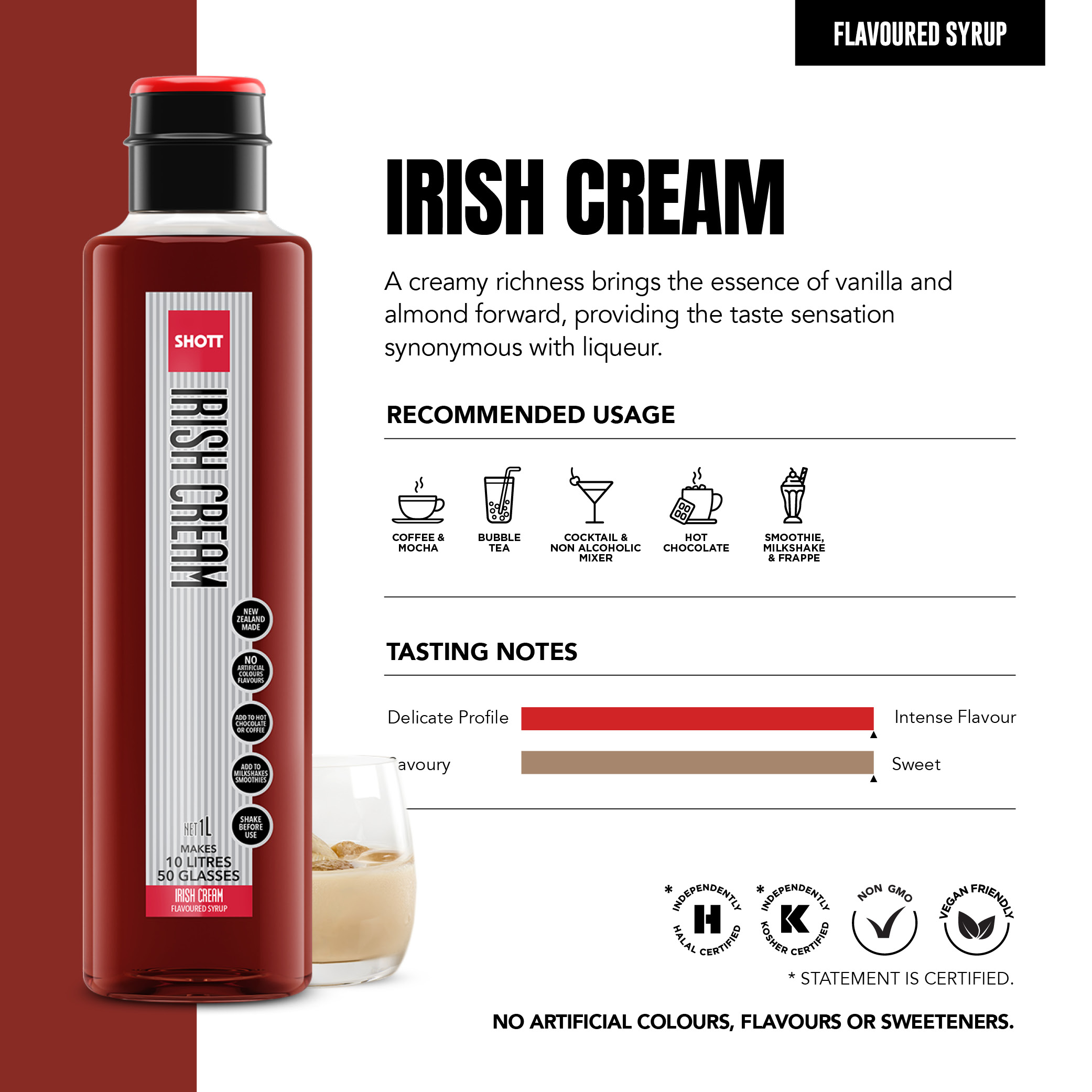 SHOTT Irish Cream Syrup 1L product information, recommended uses and tasting notes