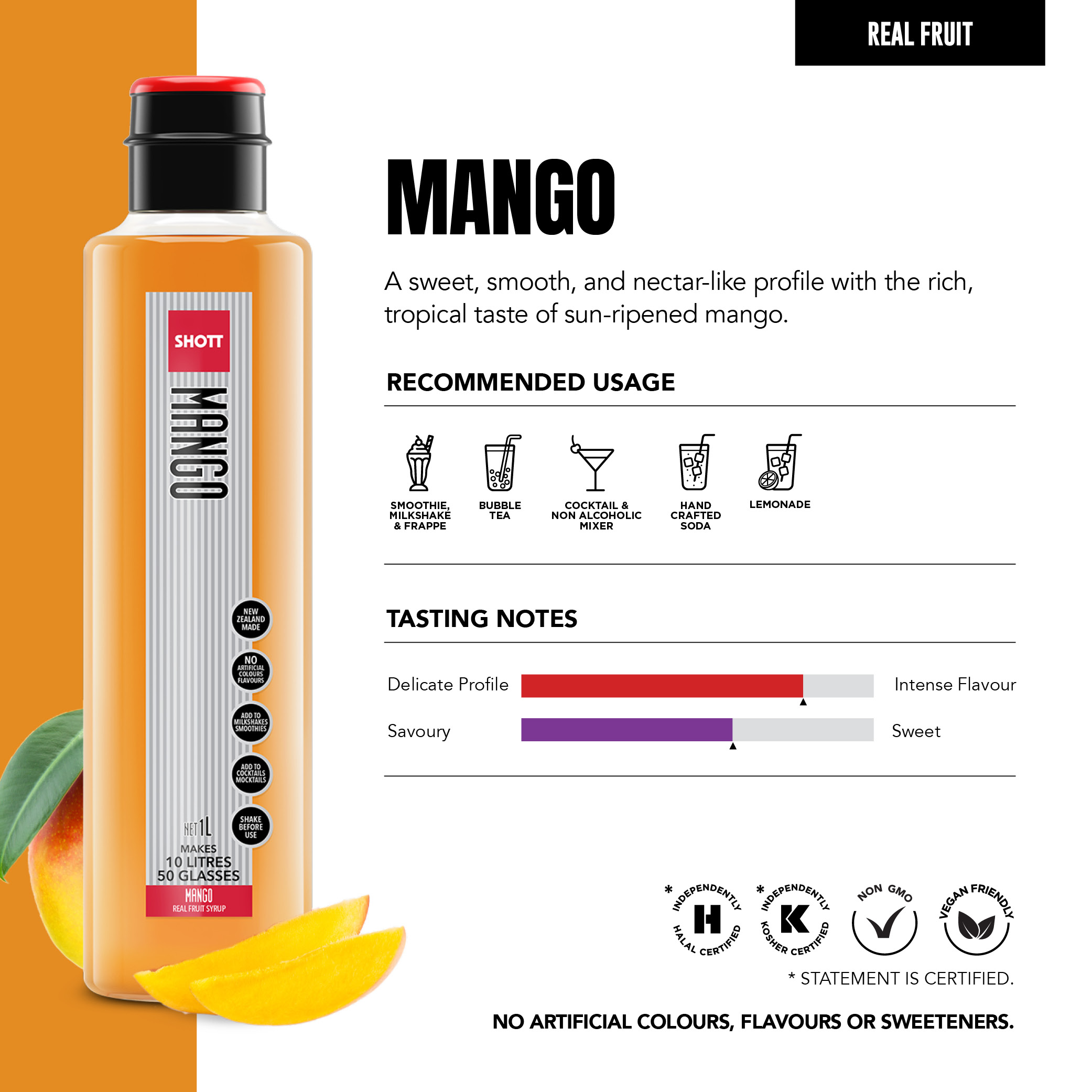 SHOTT Mango 1L real fruit syrup product information, recommended uses and tasting notes
