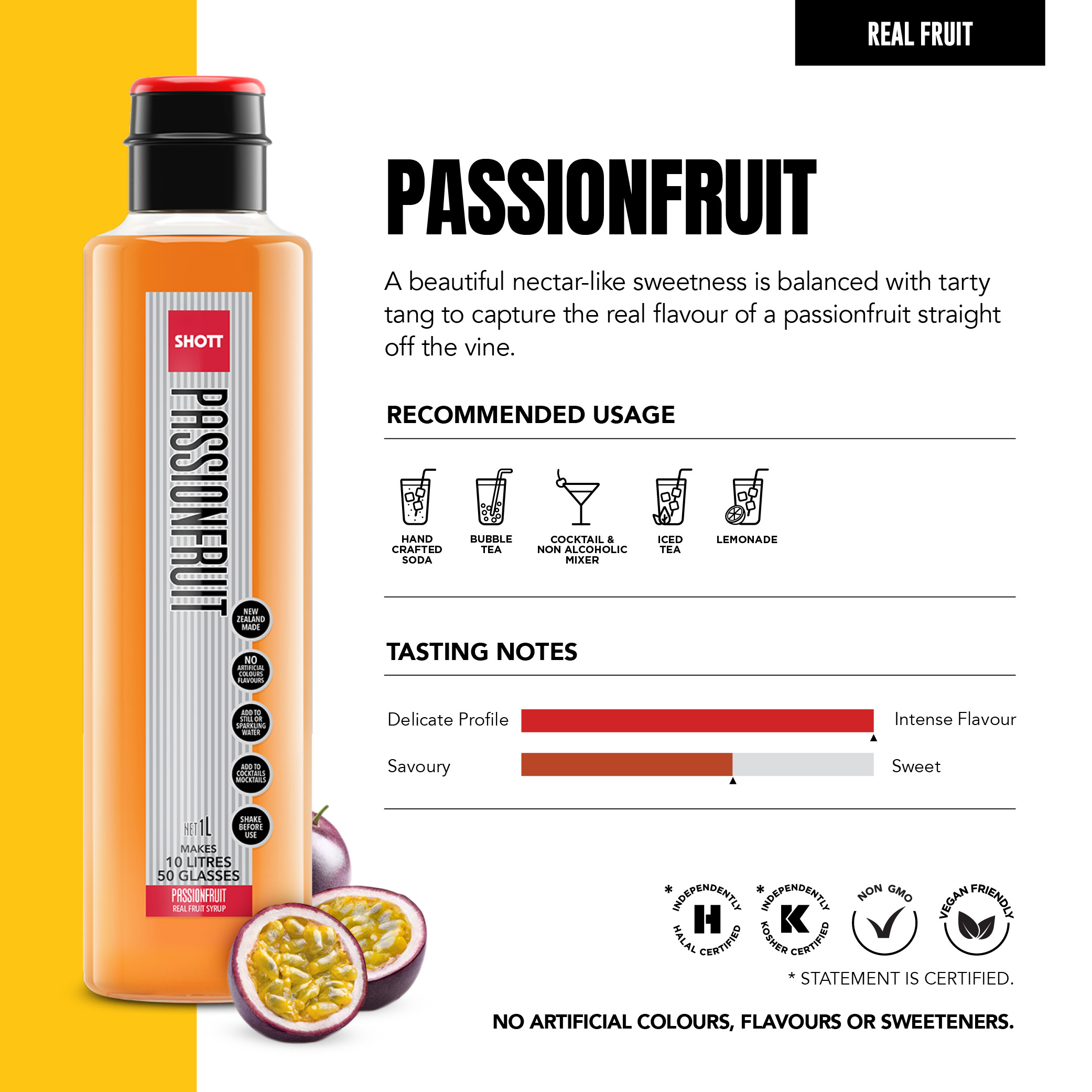 SHOTT Passionfruit 1L real fruit syrup product information, recommended uses and tasting notes