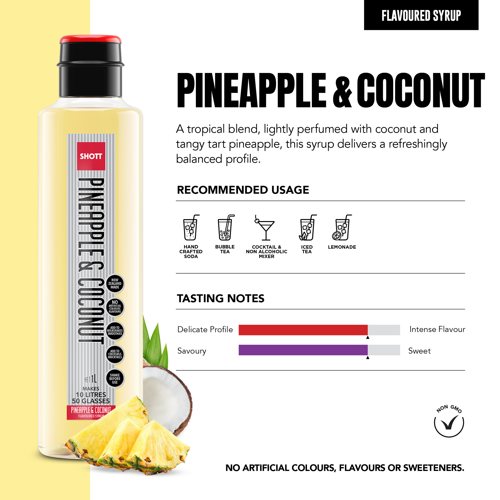 SHOTT Pineapple & Coconut 1L flavoured syrup product information, recommended uses and tasting notes