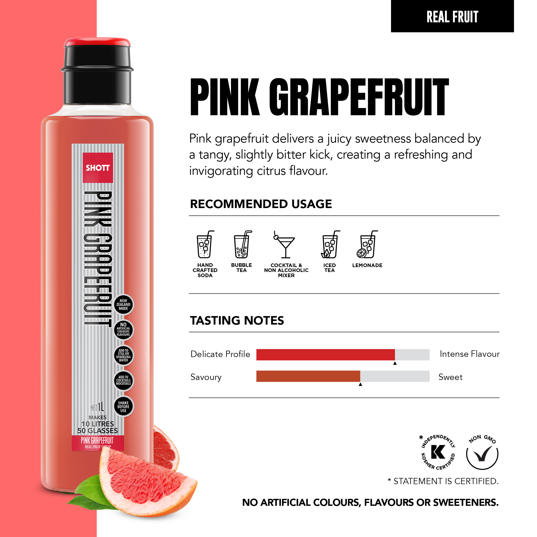SHOTT Pink Grapefruit 1L real fruit syrup product information, recommended uses and tasting notes
