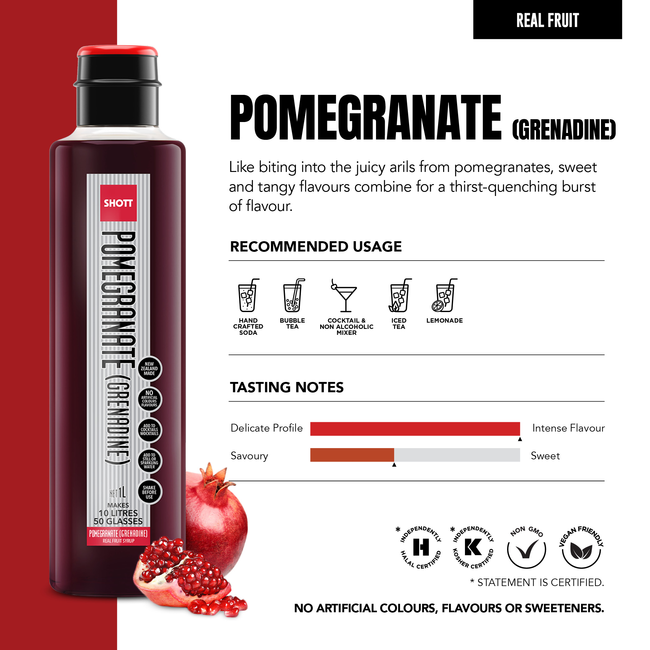 SHOTT Pomegranate Grenadine 1L real fruit syrup product information, recommended uses and tasting notes