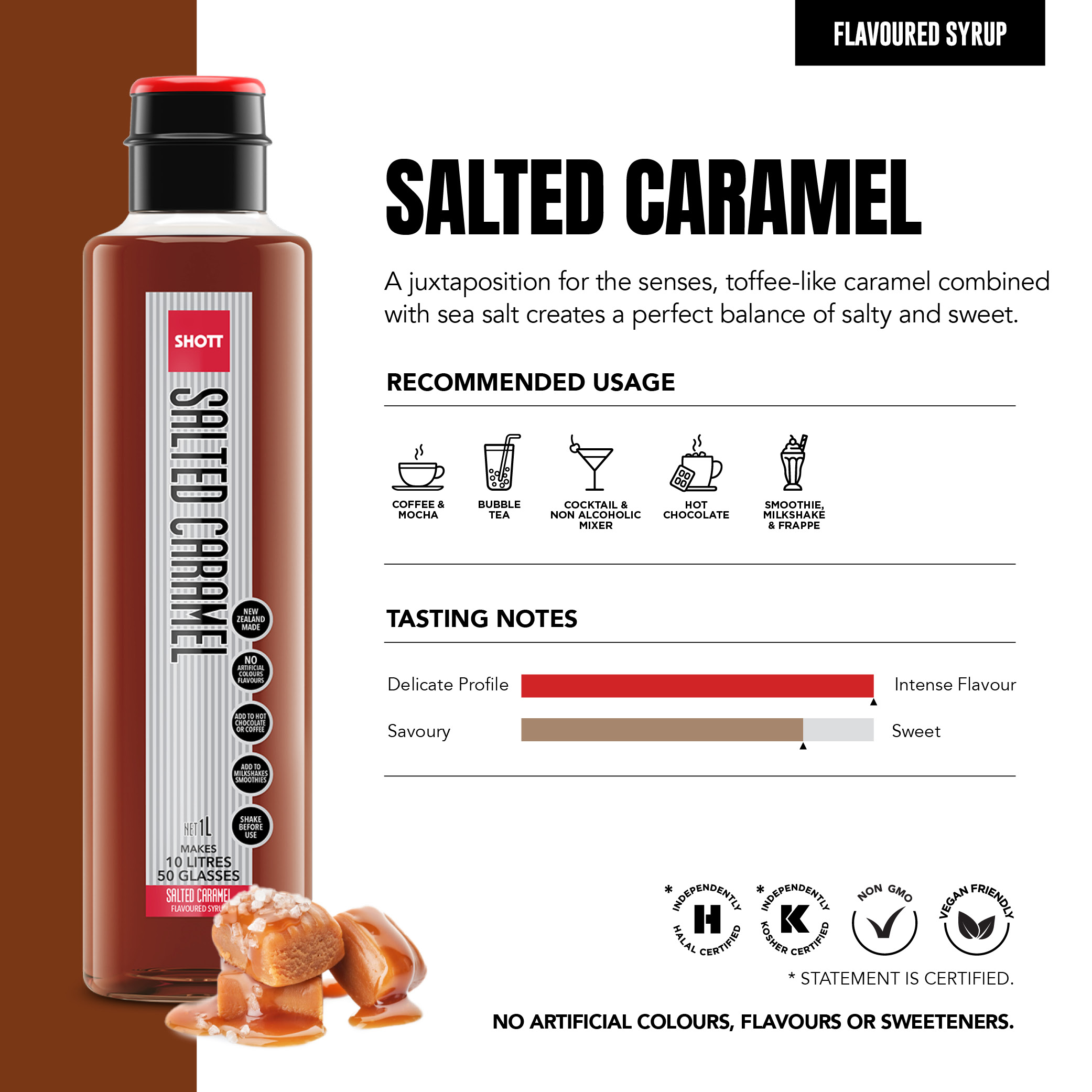 SHOTT Salted Caramel Syrup 1L product information, recommended uses and tasting notes
