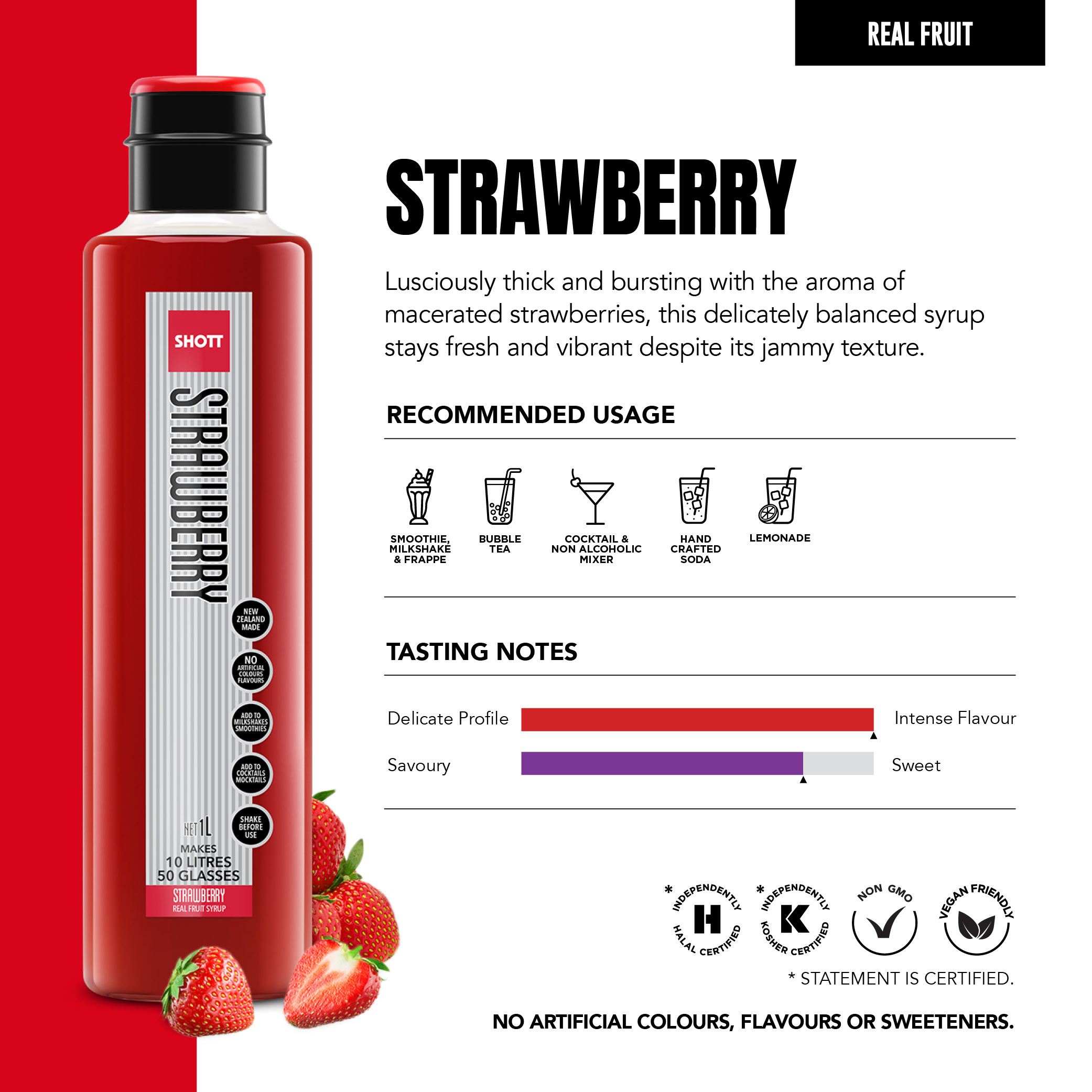 SHOTT Strawberry 1L real fruit syrup product information, recommended uses and tasting notes