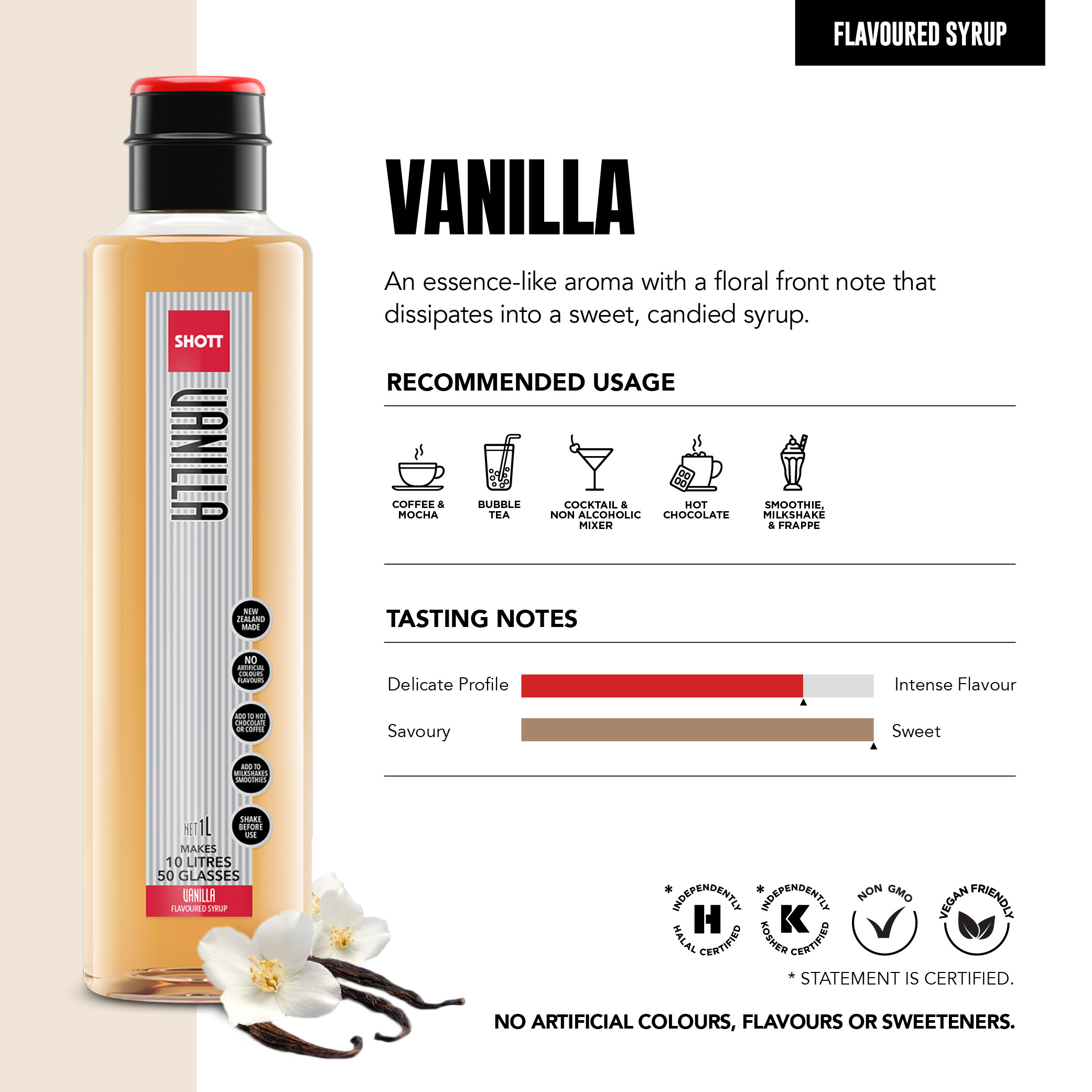 SHOTT Vanilla Syrup 1L product information, recommended uses and tasting notes
