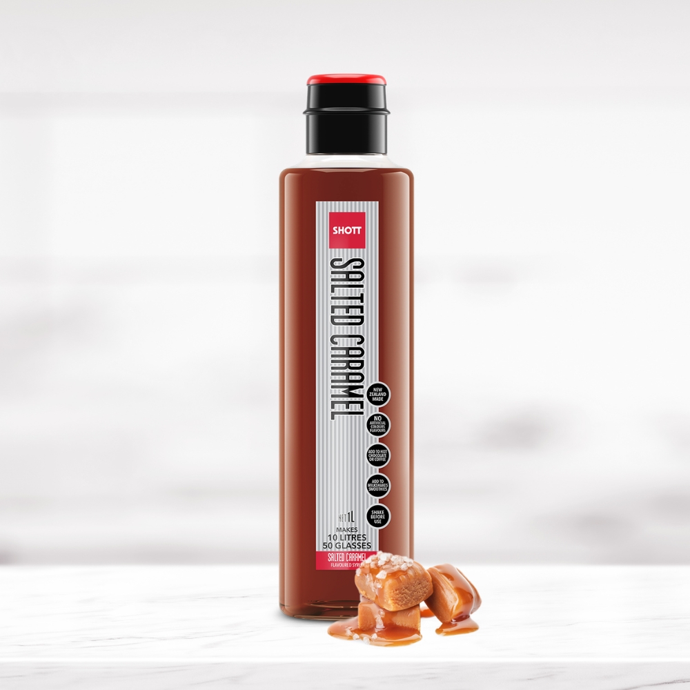 SHOTT Salted Caramel Flavoured Syrup 1L bottle with salted caramel pieces