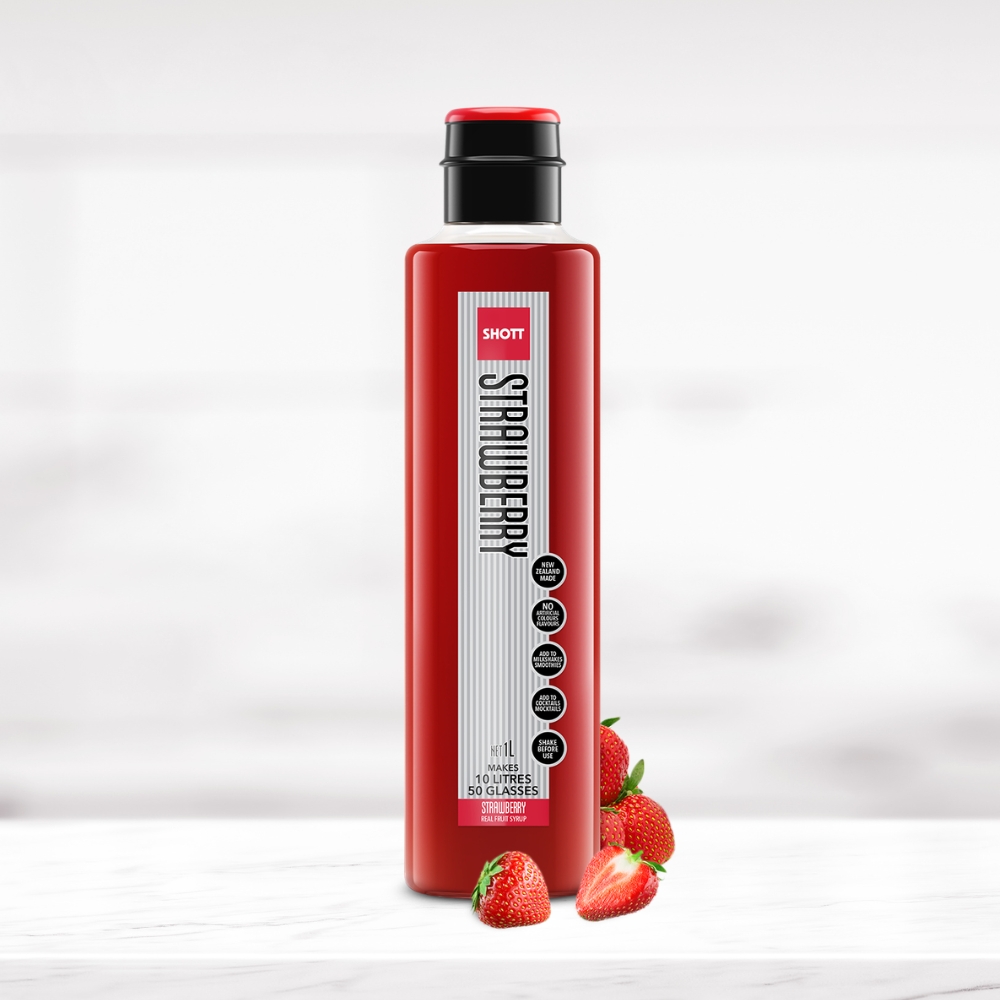 SHOTT Strawberry Syrup 1L bottle with fresh strawberries