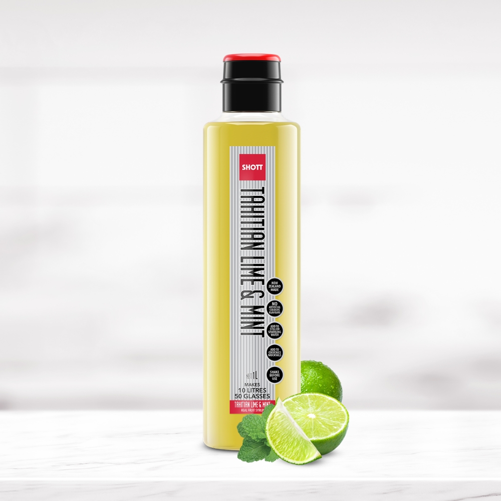 SHOTT Tahitian Lime & Mint Syrup 1L bottle with fresh lime and mint