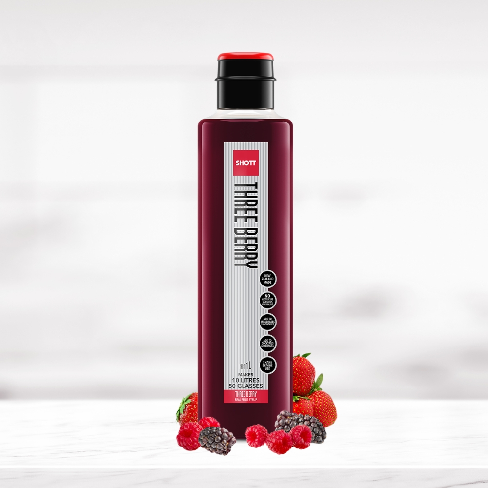 SHOTT Three Berry Syrup 1L bottle with strawberries, raspberries and blackberries