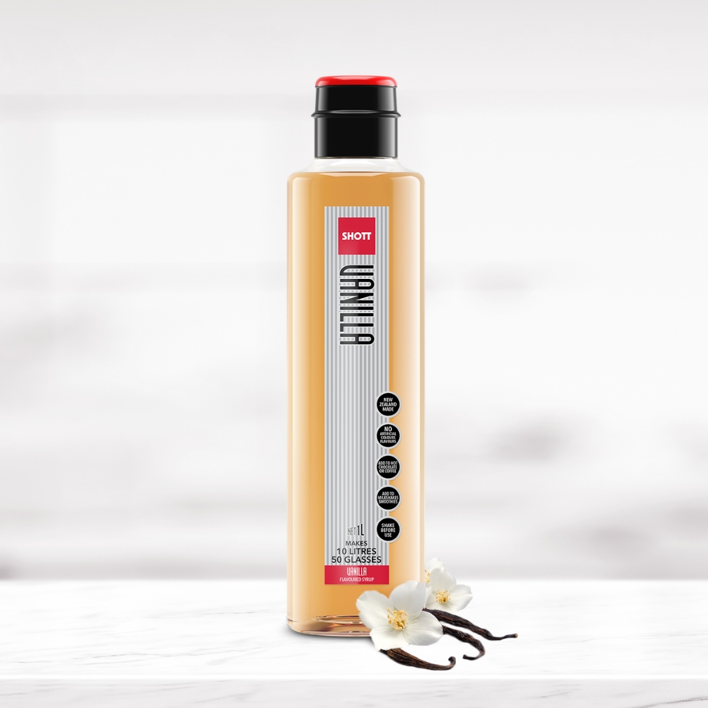SHOTT Vanilla Flavoured Syrup 1L bottle with vanilla flowers and pods