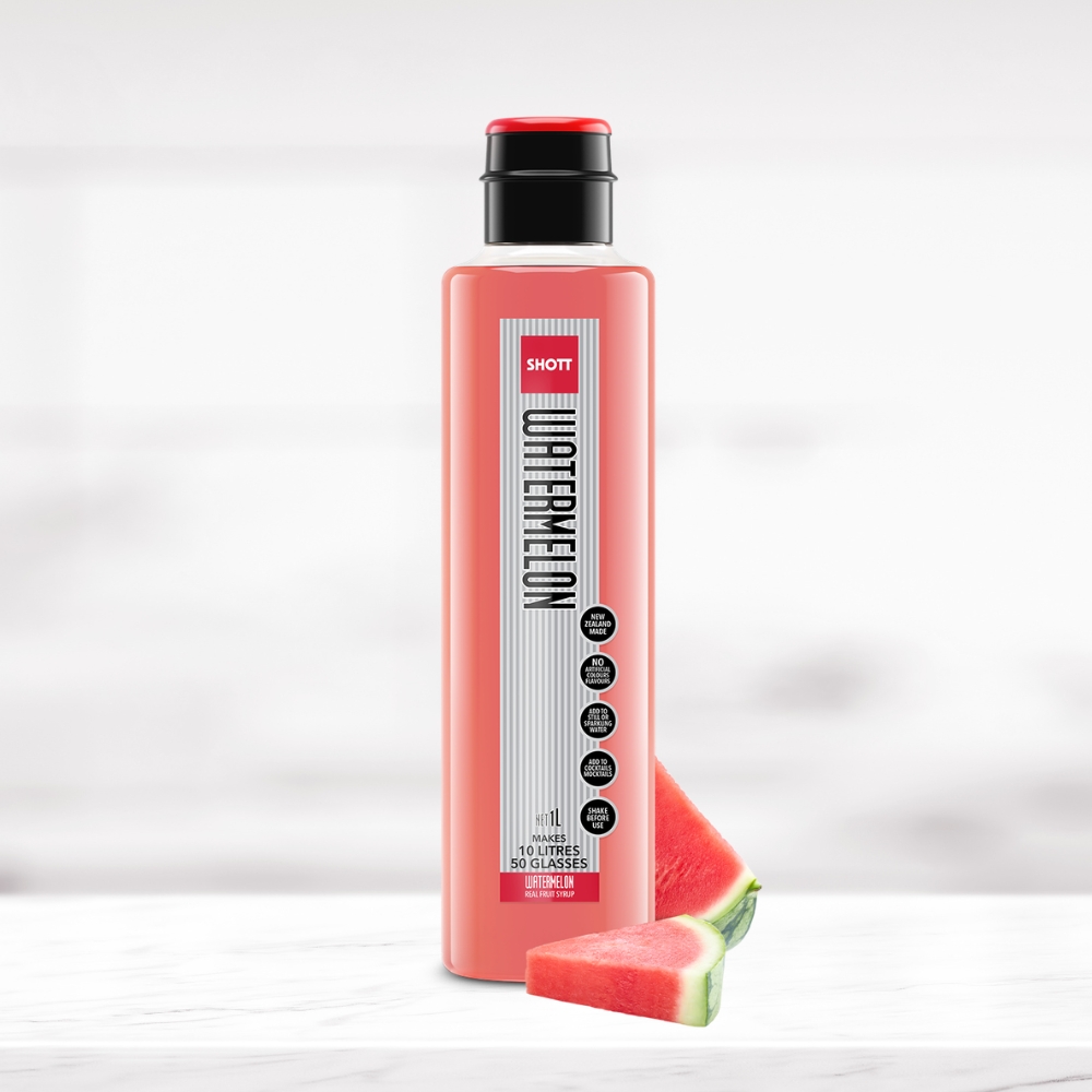 SHOTT Watermelon Syrup 1L bottle with fresh watermelon slices