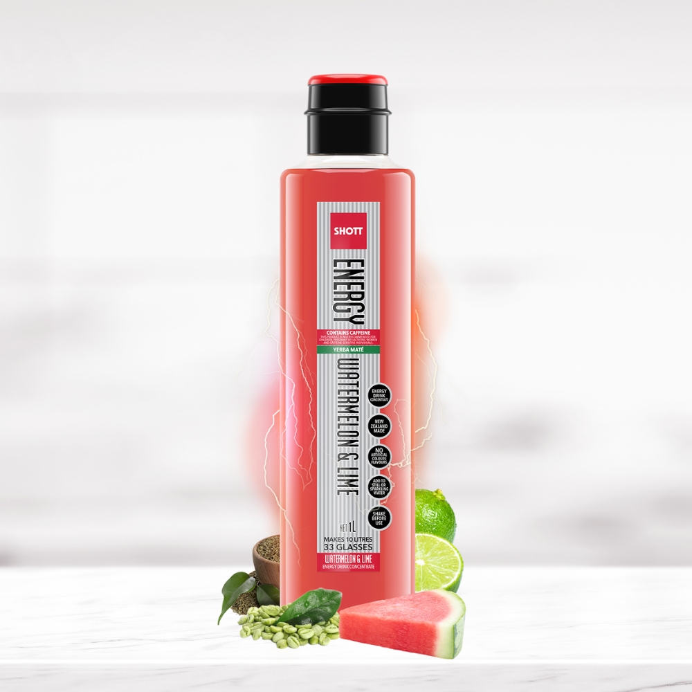 SHOTT Watermelon & Lime Energy Syrup 1L bottle with watermelon, lime and yerba maté