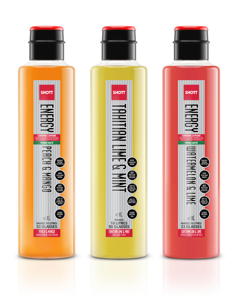 SHOTT Peach & Mango Energy, Tahitian Lime & Mint, and Watermelon & Lime Energy syrup bottles