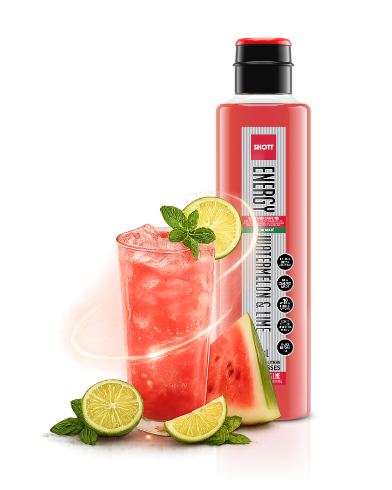 SHOTT Energy Watermelon & Lime Yerba Maté concentrate with a refreshing watermelon and lime iced energy drink