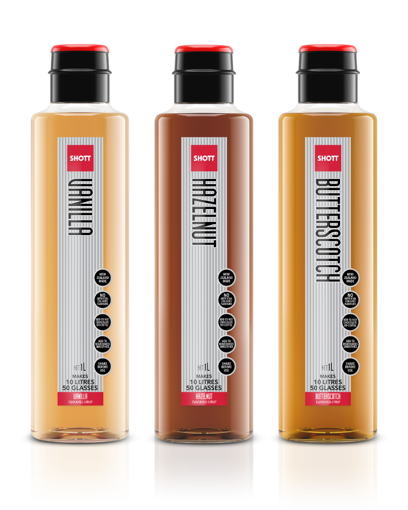 SHOTT Vanilla, Hazelnut and Butterscotch flavoured syrup bottles