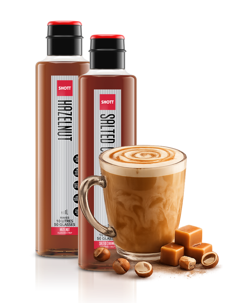 SHOTT Hazelnut and Caramel flavoured syrups with a creamy caramel hazelnut coffee