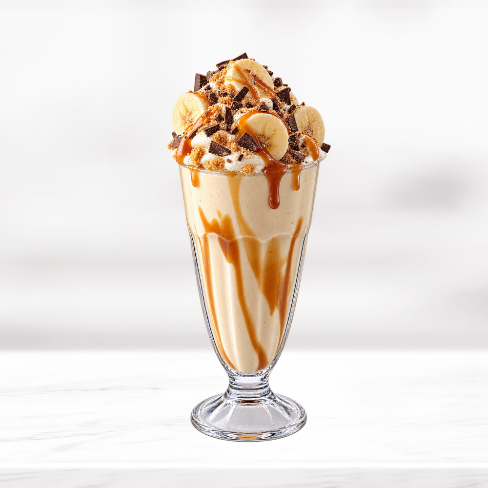 Creamy banoffee milkshake topped with whipped cream, banana slices, chocolate pieces and caramel drizzle