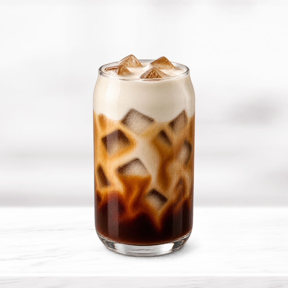 Brown sugar iced Vienna coffee with creamy foam and ice in a clear glass