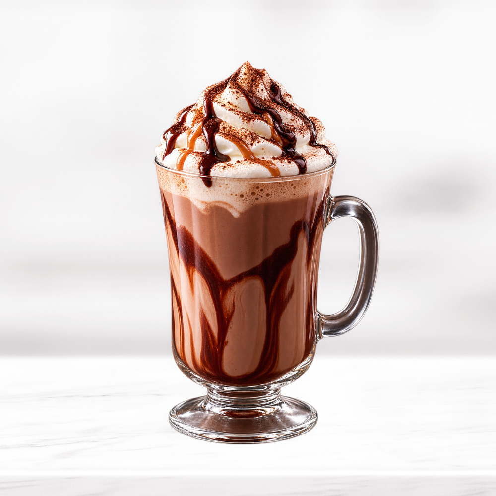 Hazelnut hot chocolate topped with whipped cream and chocolate drizzle in a clear glass mug
