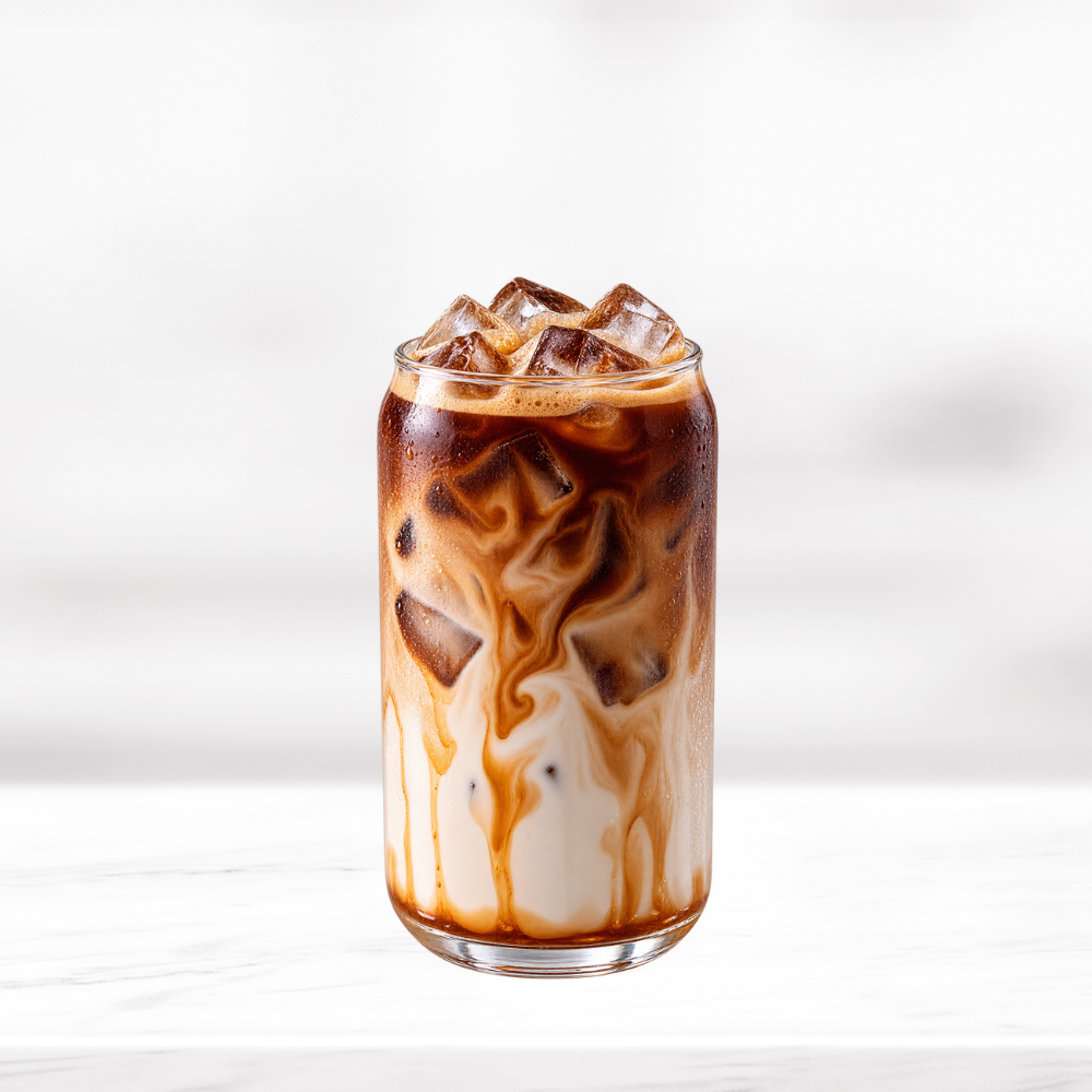 Hazelnut iced latte with espresso, milk, ice and hazelnut syrup