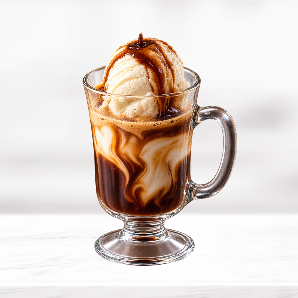 Irish affogato with vanilla ice cream, espresso and rich syrup in a glass mug