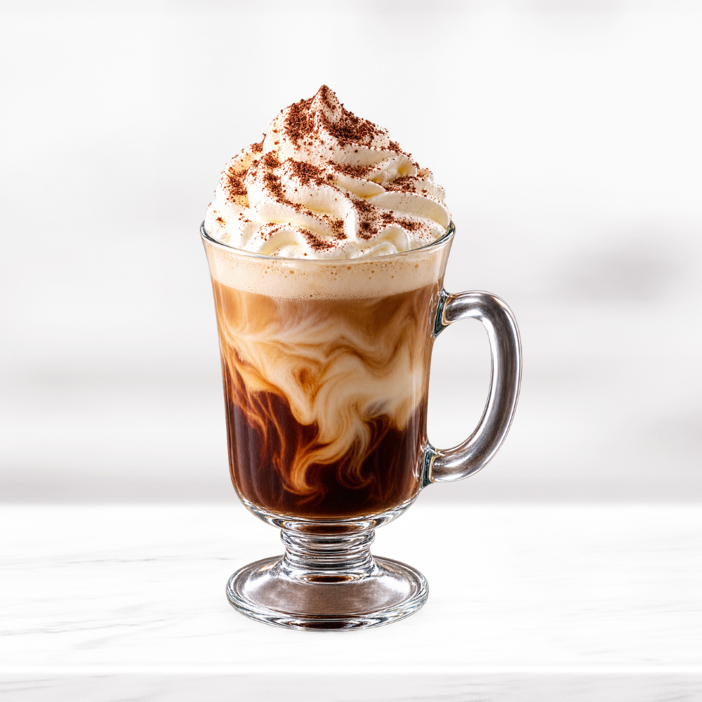 Non-alcoholic Irish coffee topped with whipped cream and cocoa in a clear glass mug