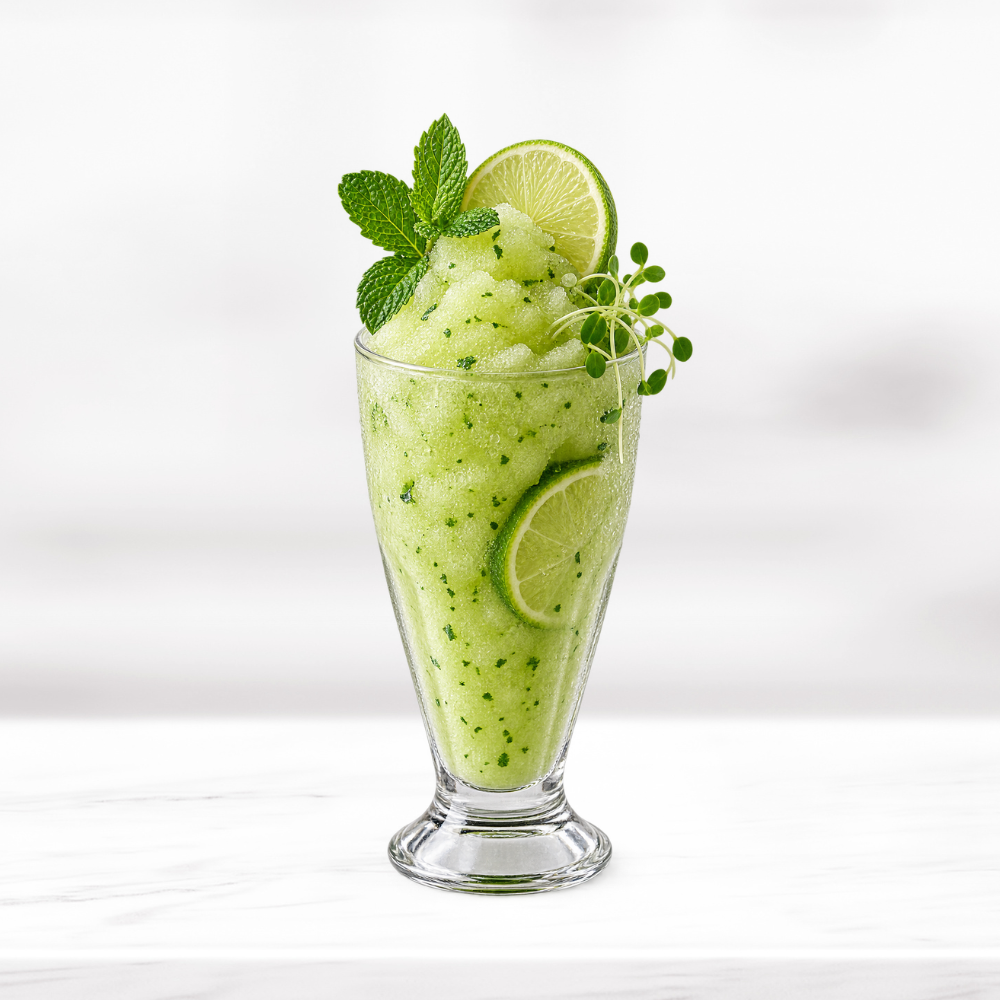 Refreshing lime and mint slushy garnished with fresh lime and mint